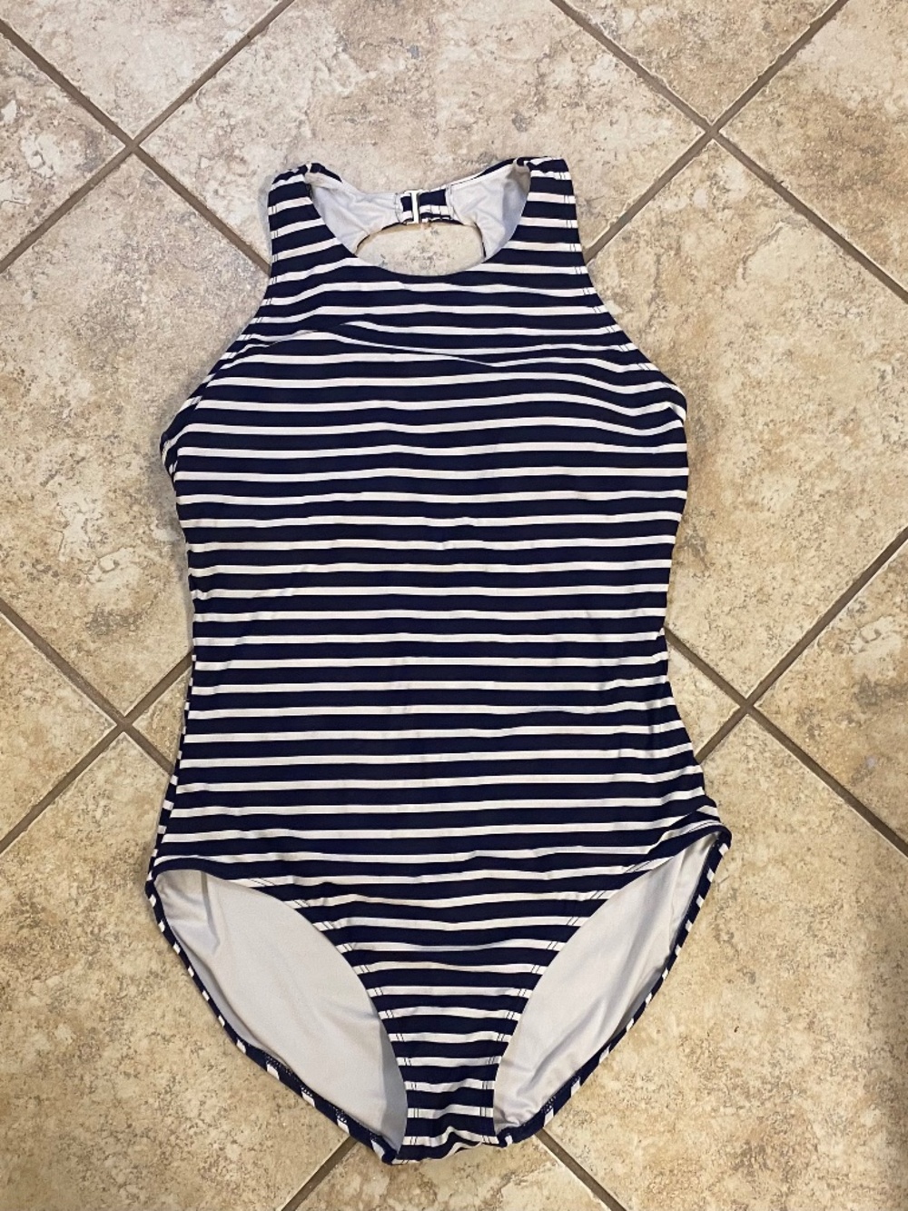 Lands' End swimsuit navy blue and white striped.